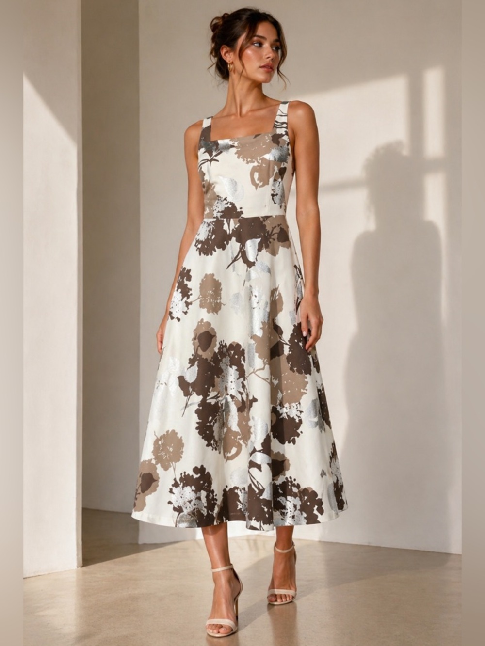 Lafayette 148 New York Arlene Floral Midi Dress Ivory Brown Womens 14 New NWOT